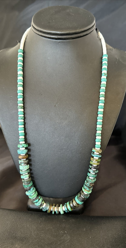 Navajo Blue Turquoise Shell Heishi Sterling Silver Bead 25” Necklace 17853