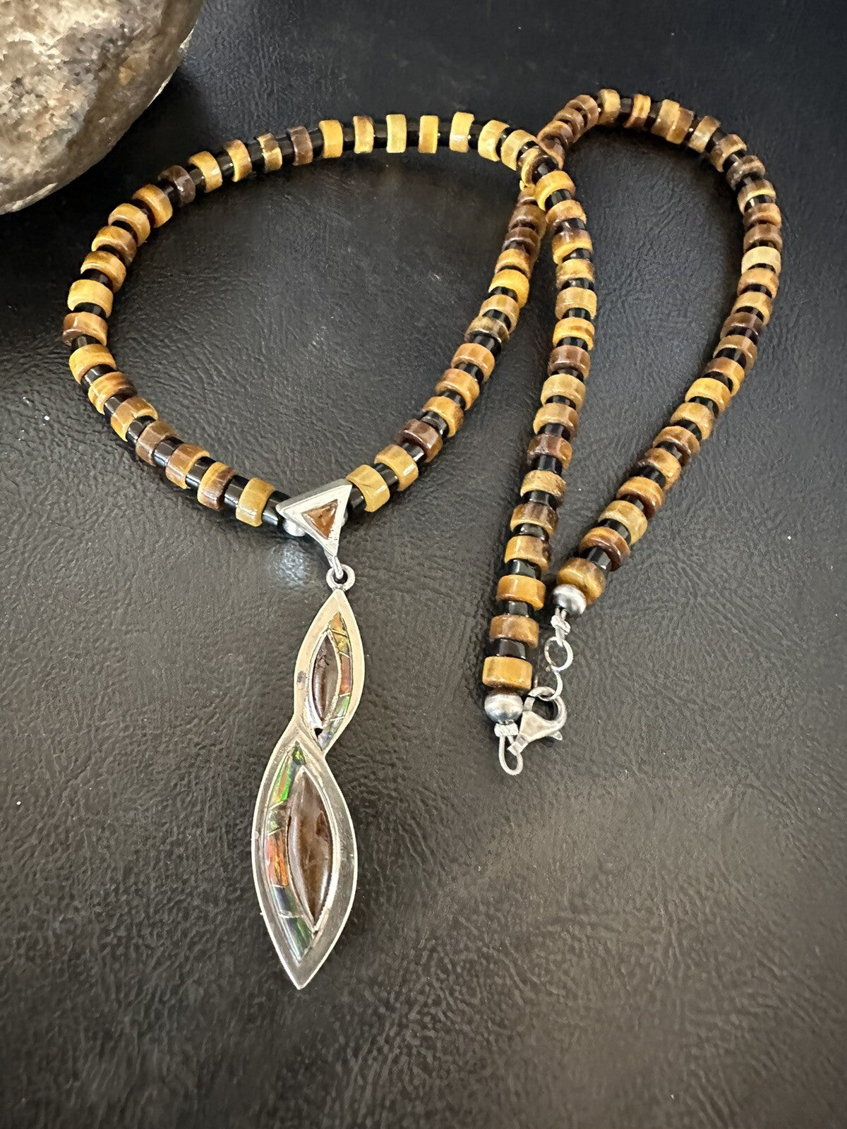 Coffee Tigers Eye Amber Opal Onyx Heishi Sterling Silver Pendant Necklace 18343