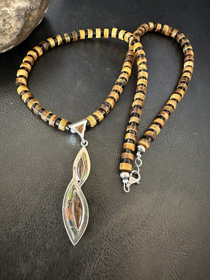 Coffee Tigers Eye Amber Opal Onyx Heishi Sterling Silver Pendant Necklace 18343