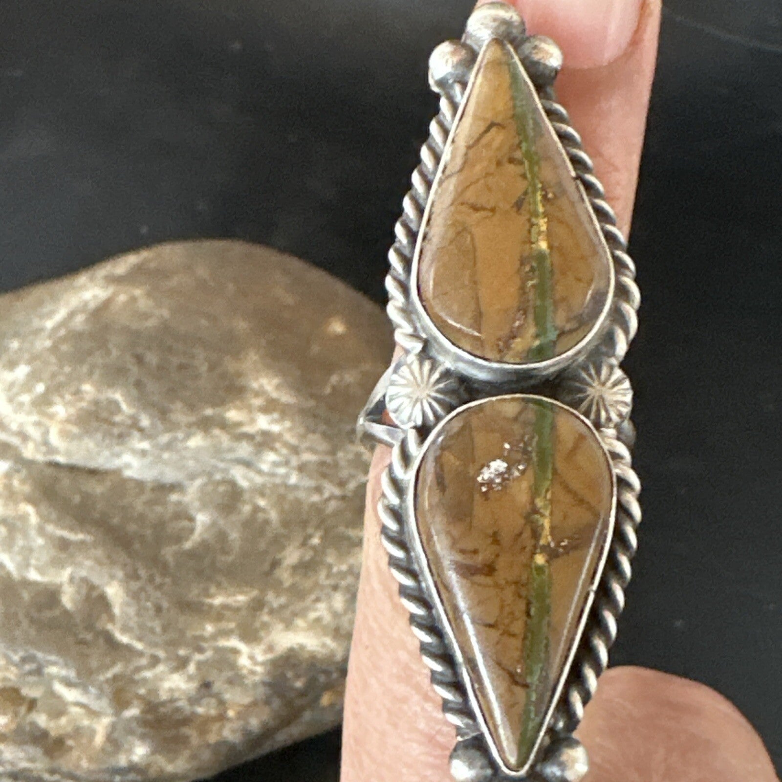 Navajo Sterling Silver Ribbon Boulder Turquoise Ring Size 7.5 18613