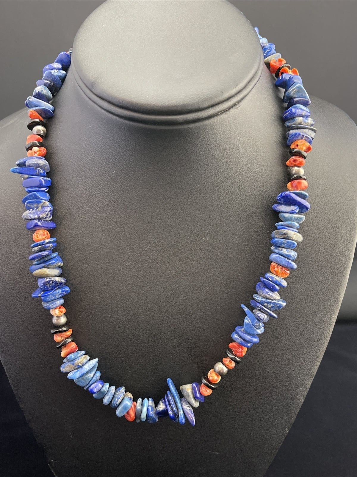 Mens Lapis Lazuli & Spiny Oyster Navajo Sterling Silver Necklace 18" 1737