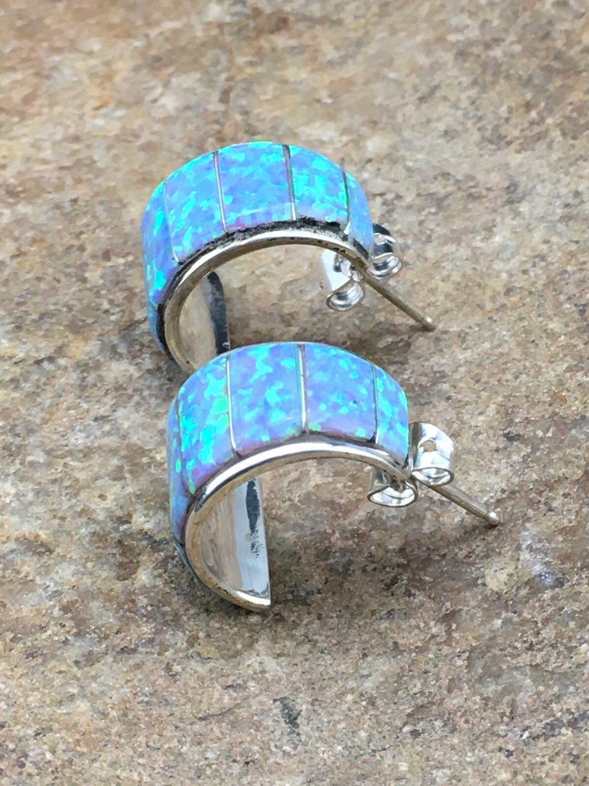 Native American Blue Opal Navajo Sterling Silver Earrings 0.5” 4740