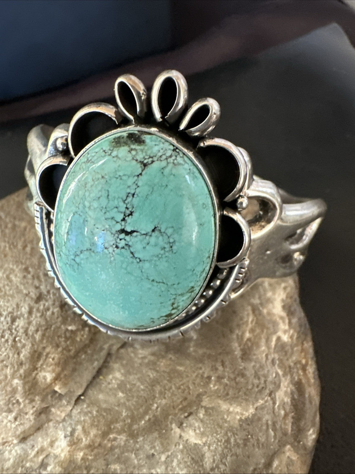 Yazzie Mens Blue Turquoise Navajo Sterling Silver Tufa Cast Cuff Bracelet 19694