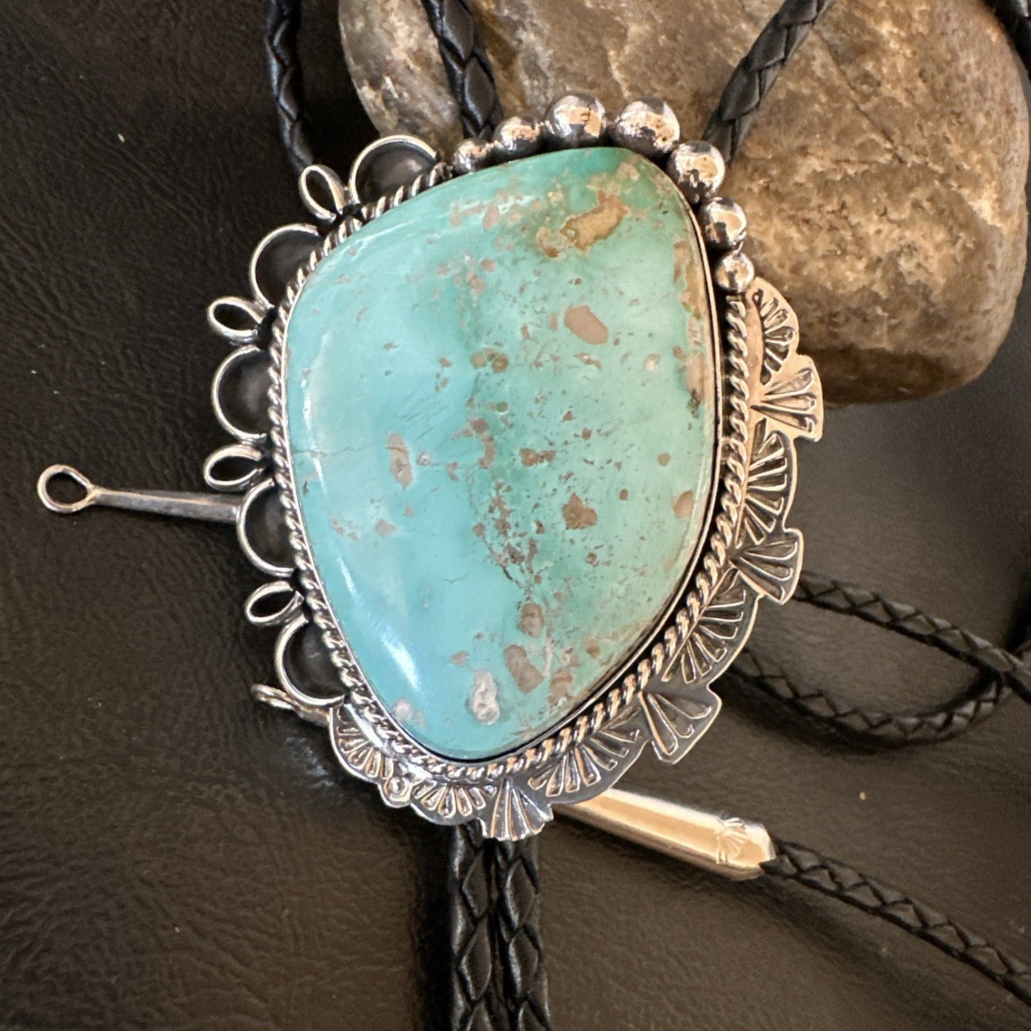 Native Mens Blue Green Royston Turquoise Bolo Tie Sterling Silver Navajo 19592