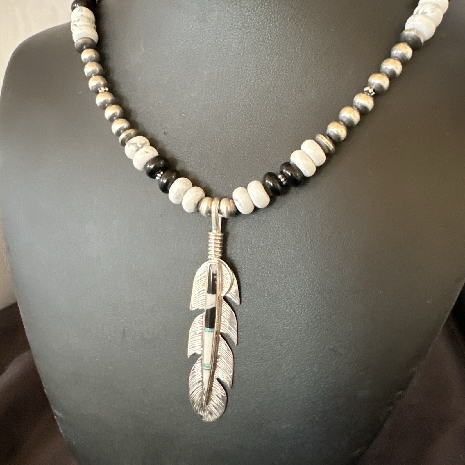 Feather White Buffalo Turquoise Opal Pendant Sterling Silver Necklace 21” 18670