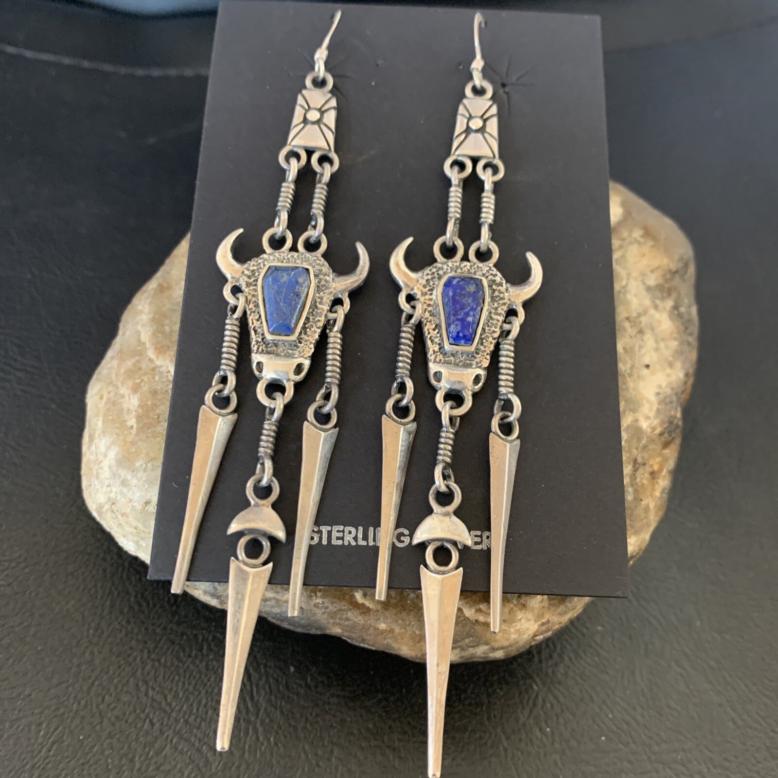 Denim Blue Lapis Lazuli Inlay Navajo Sterling Silver Dangle Earrings 04518