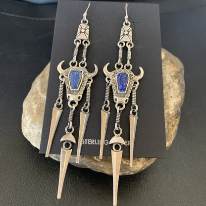 Denim Blue Lapis Lazuli Inlay Navajo Sterling Silver Dangle Earrings 04518