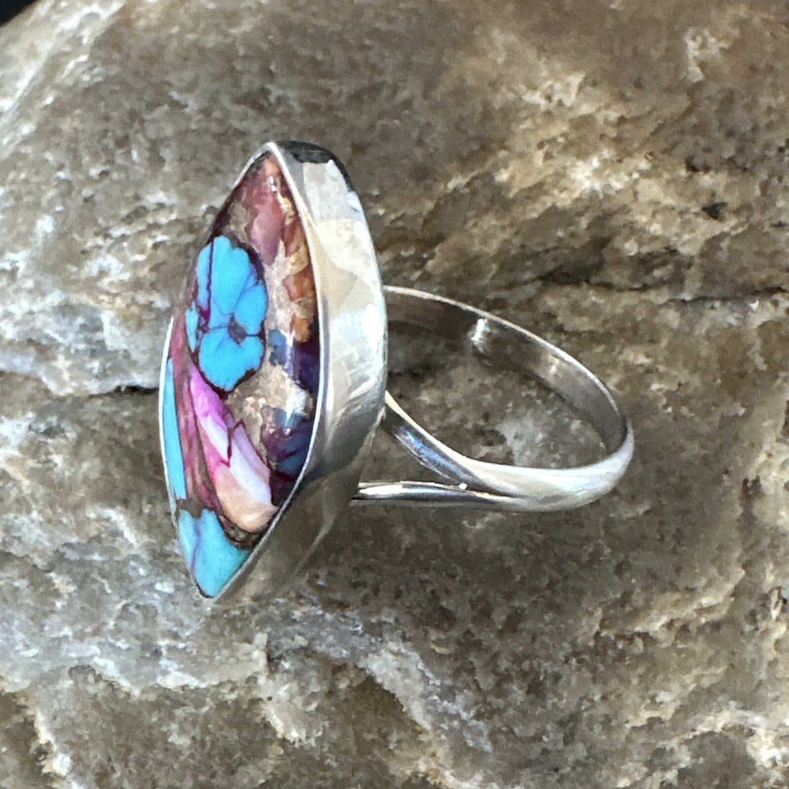 Blue Turquoise Spiny Oyster Navajo Sterling Silver Ring Size 7.5 18235
