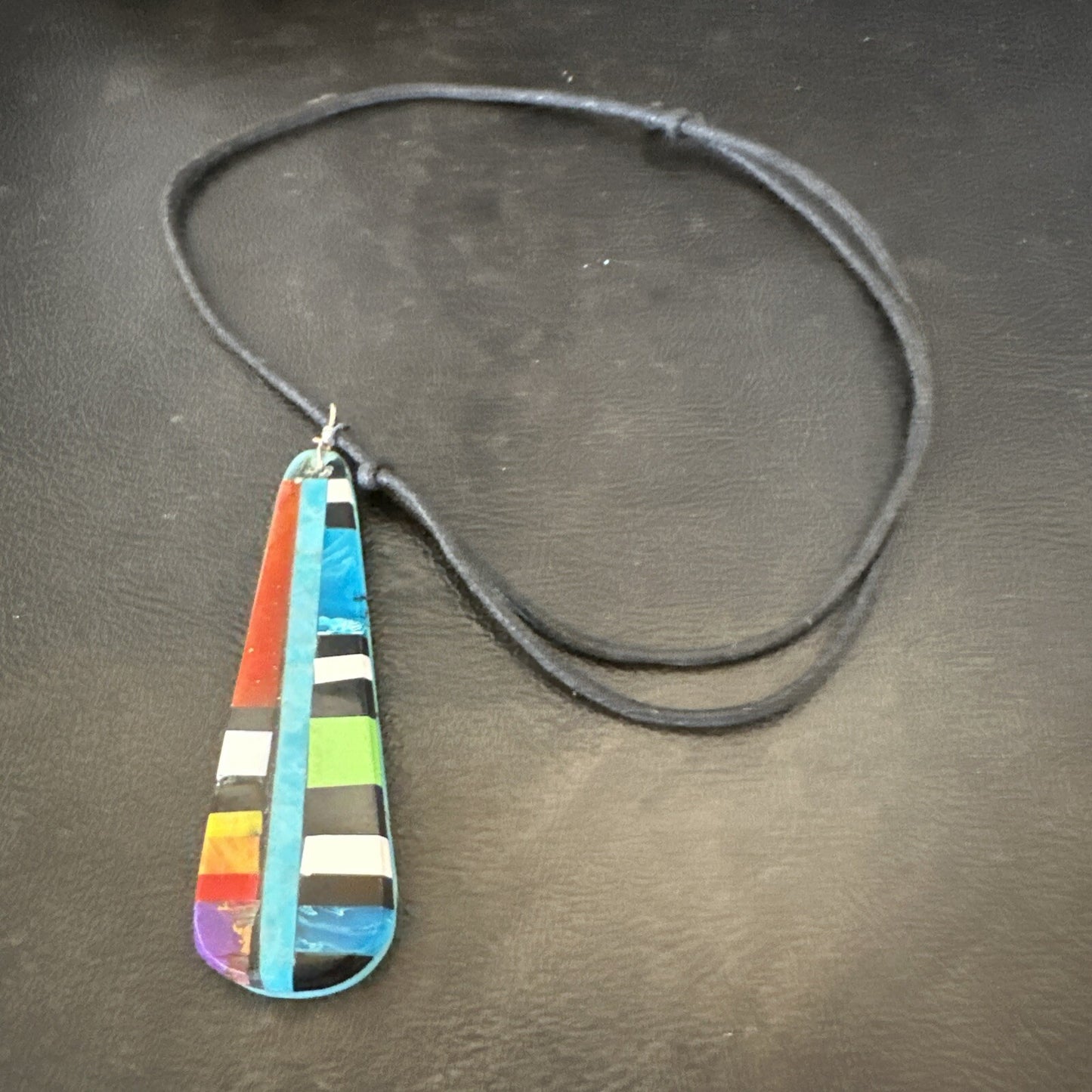 Santo Domingo Turquoise Spiny Adjustable Cord Necklace Inlay Pendant 3” 18476
