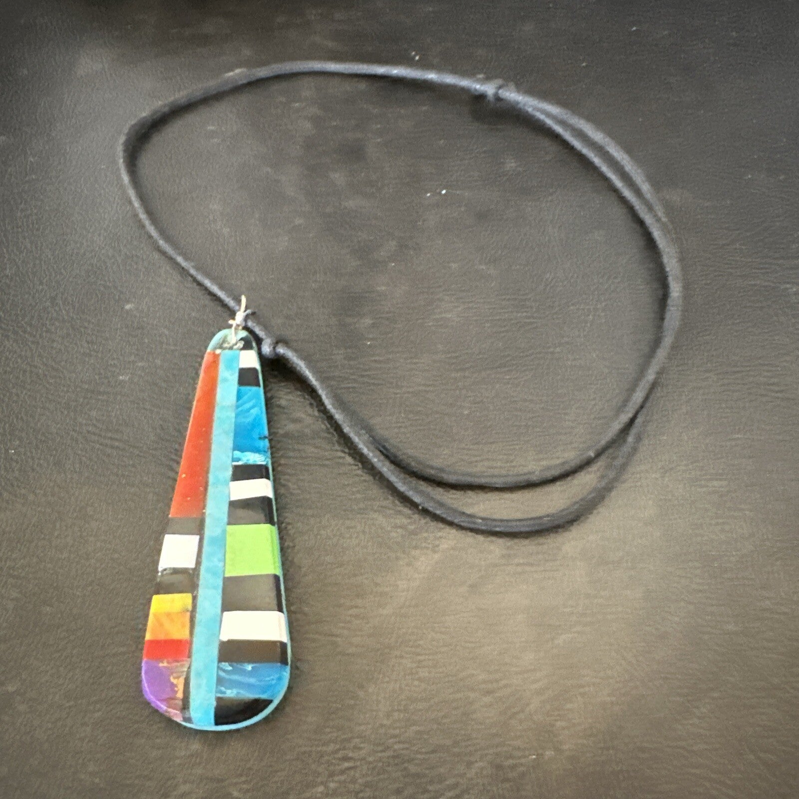 Santo Domingo Turquoise Spiny Adjustable Cord Necklace Inlay Pendant 3” 18476