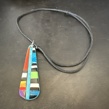 Santo Domingo Turquoise Spiny Adjustable Cord Necklace Inlay Pendant 3” 18476