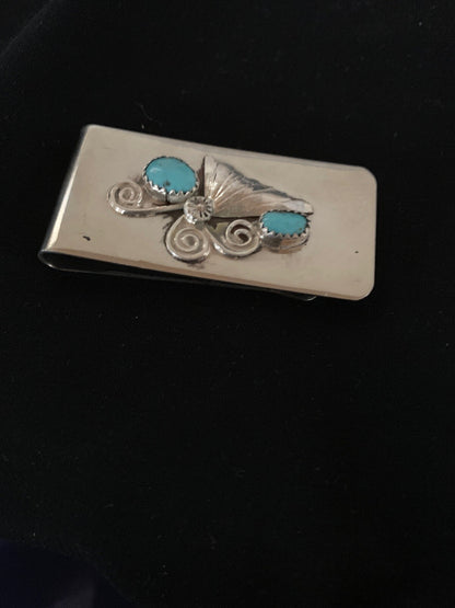 Mens Turquoise Navajo Stainless Sterling Silver Money Clip 02732