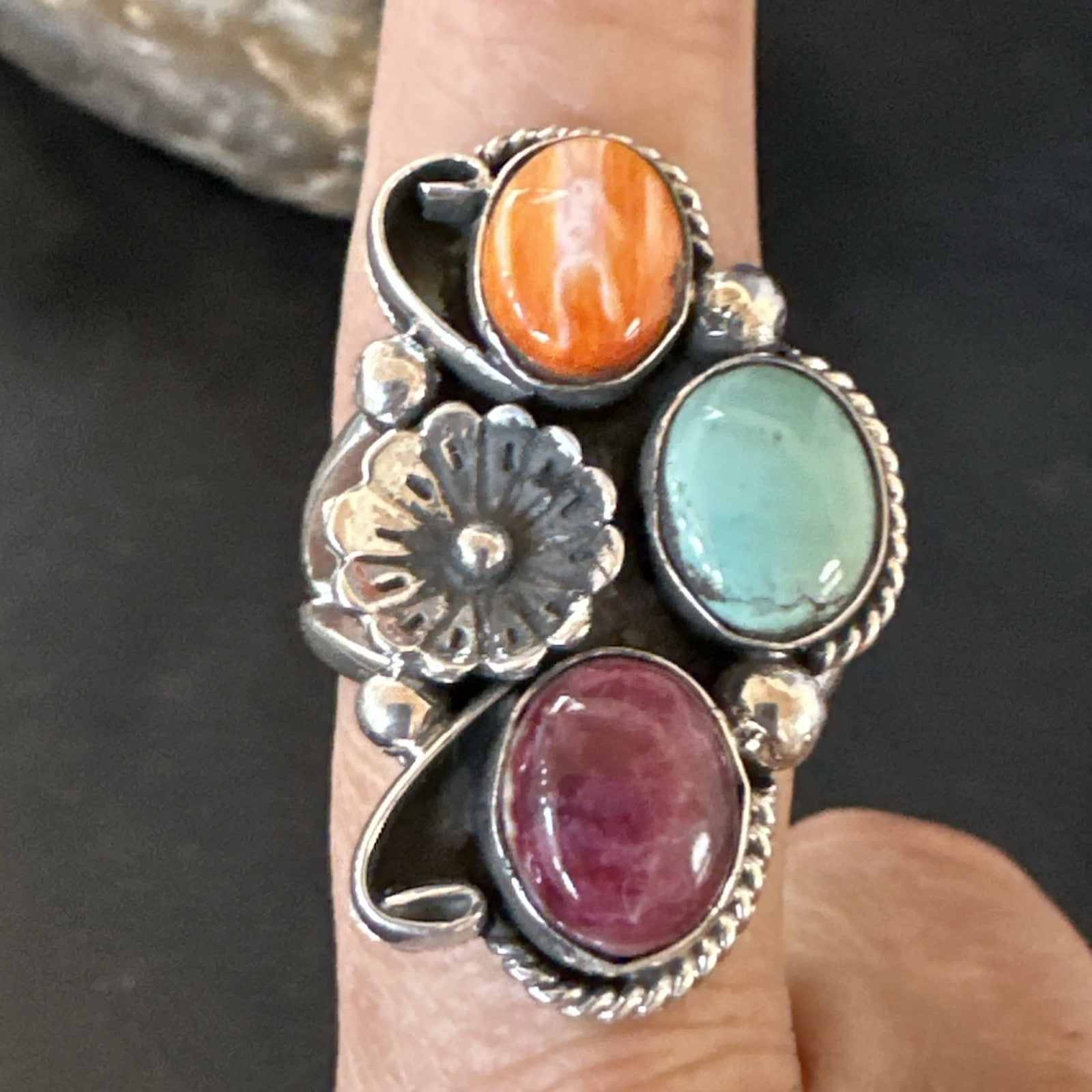 Multicolor Ring Turquoise Spiny Navajo Sterling Silver Cluster Size 9 19172