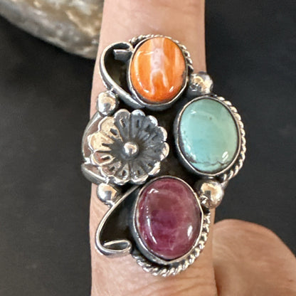 Multicolor Ring Turquoise Spiny Navajo Sterling Silver Cluster Size 9 19172