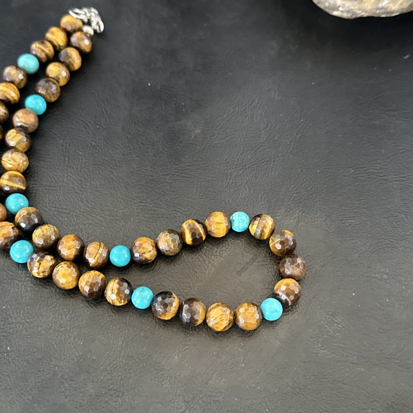 WoMens Tiger Eye Blue Turquoise  Sterling Silver Beads Necklace 19” 18169