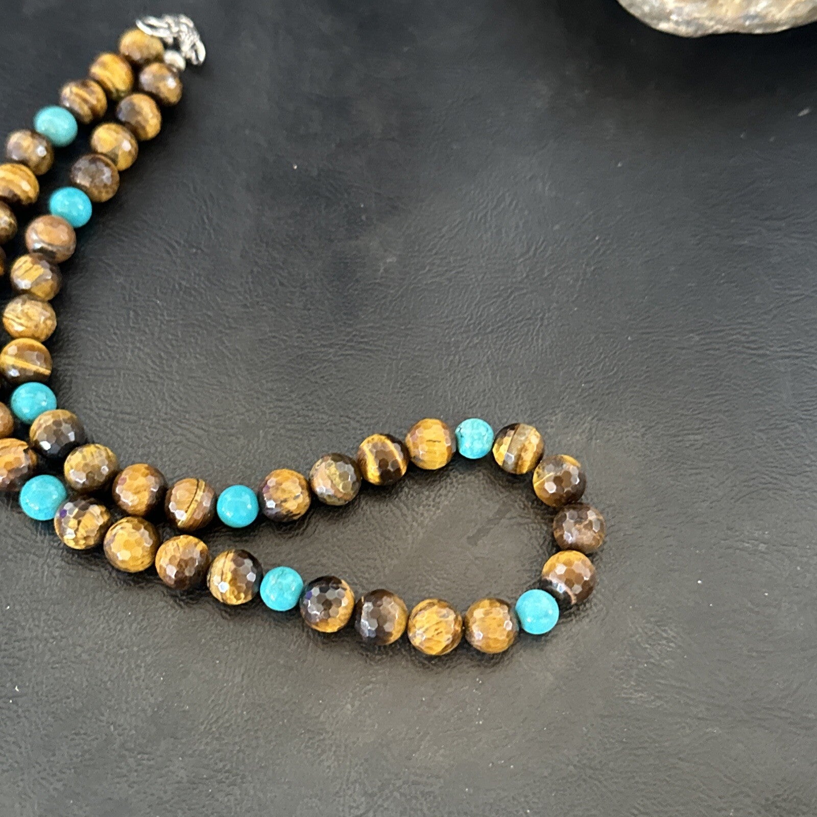 WoMens Tiger Eye Blue Turquoise  Sterling Silver Beads Necklace 19” 18169