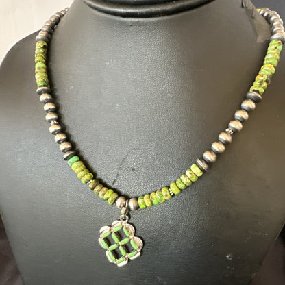 Womens Green Gaspeite Turquoise Pendant Navajo Sterling Silver Necklace 18370