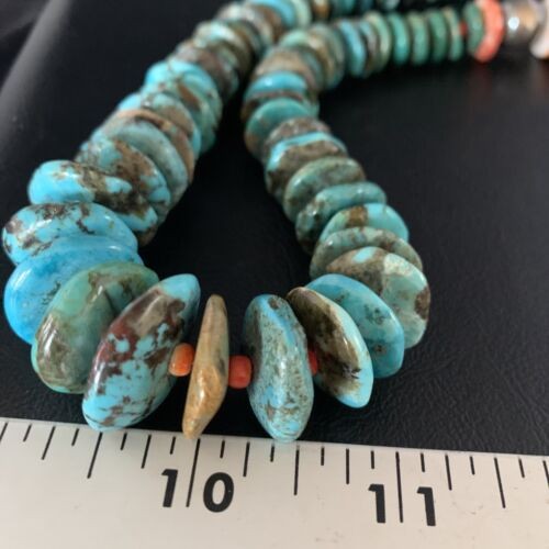Navajo Graduated Blue Green Turquoise Spiny Necklace Sterling 33" 13569