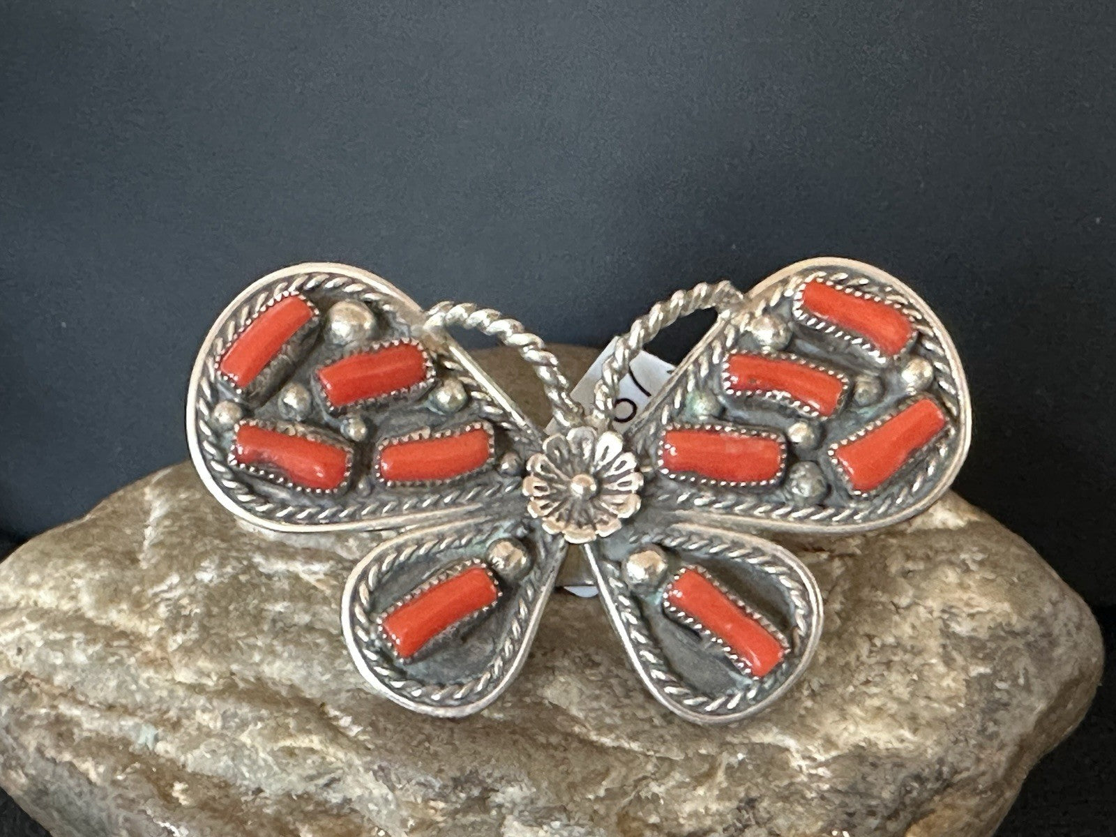 Red Coral Butterfly Sterling Silver Cluster Navajo Ring Size 8 00987