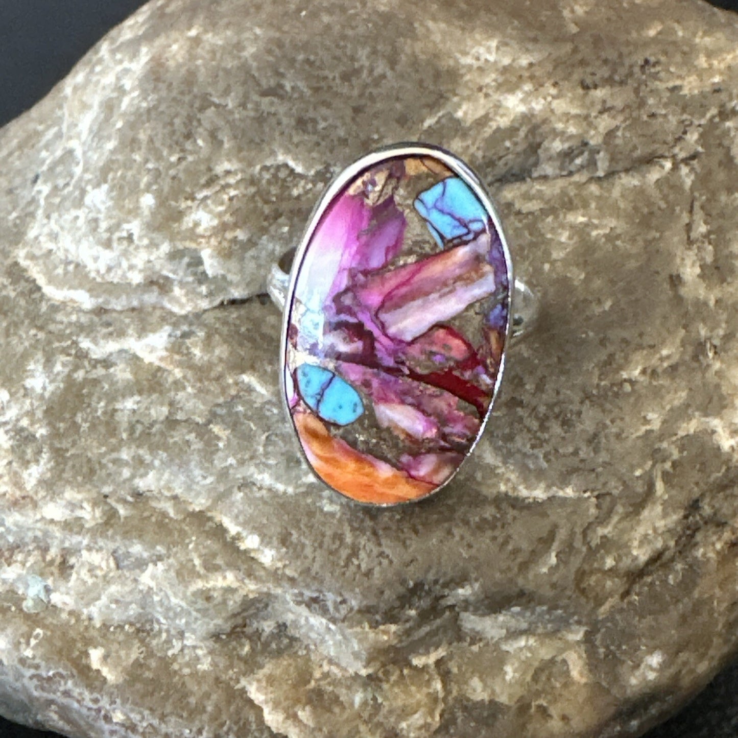 Blue Turquoise Spiny Oyster Southwestern Sterling Silver Ring Size 8 18429