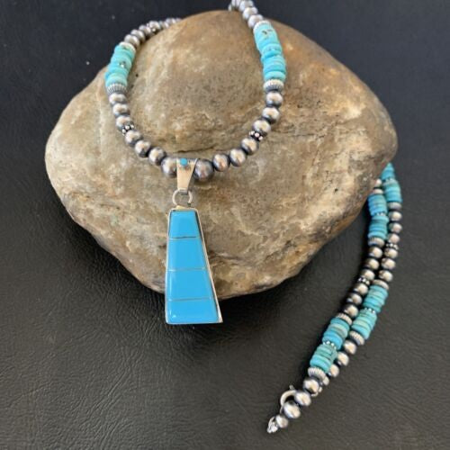 Blue Turquoise Inlay Pendant Navajo Pearls Sterling Silver Necklace 12614