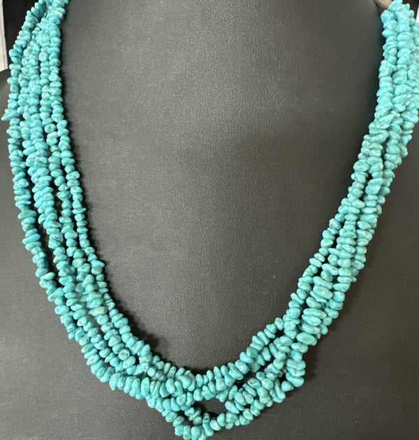 Navajo Nugget SB Blue Turquoise 5 Strands Necklace 20" | Sterling Silver | Authentic Native American Handmade | 19662