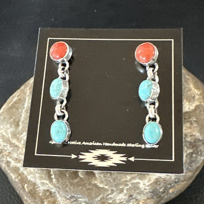 Blue Turquoise Red Spiny MultiColor Navajo Sterling Silver Inlay Earrings 18355
