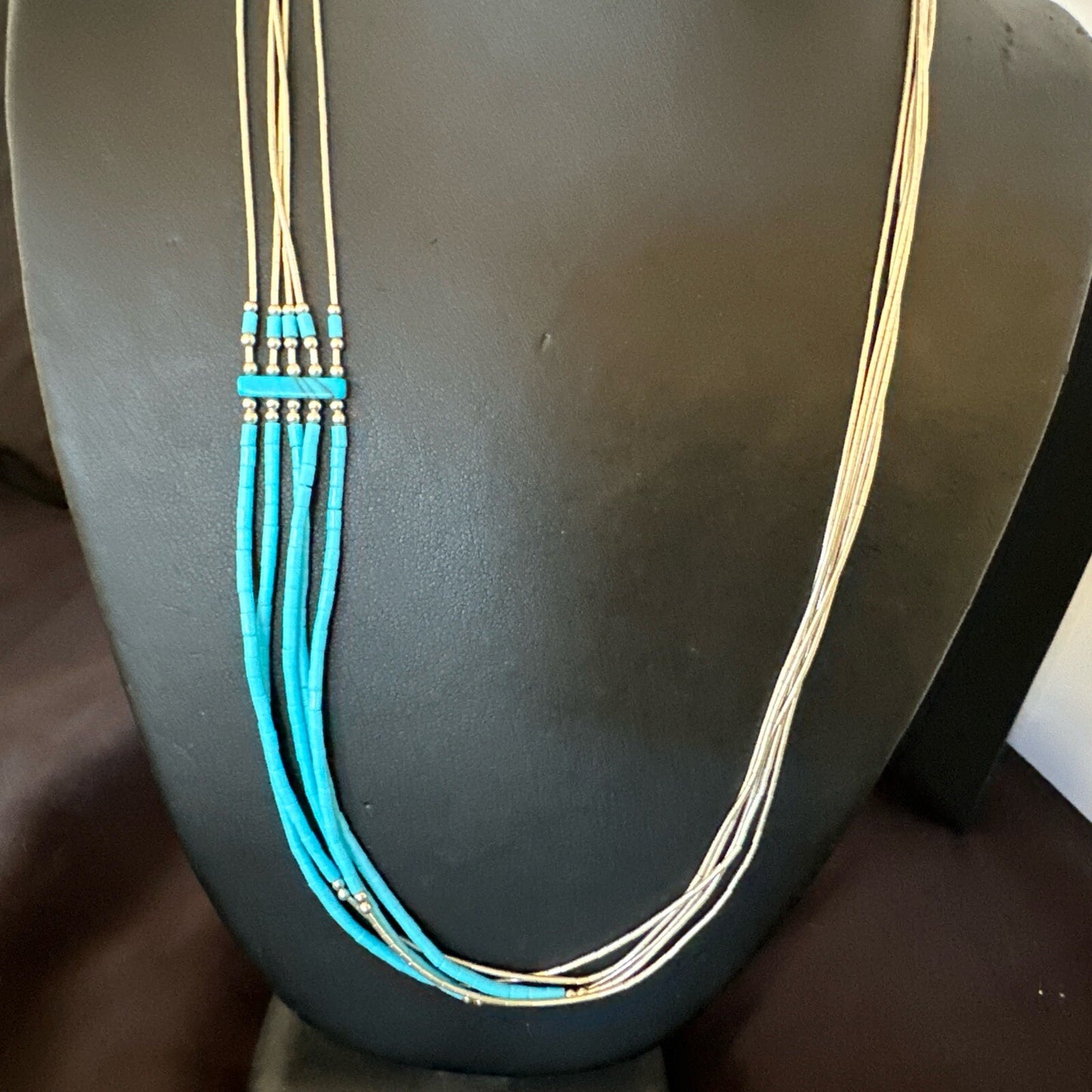 Blue Turquoise 5 Strand Heishi Liquid Sterling Silver Necklace 17854