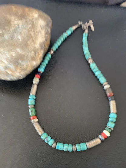 Turquoise Spiny Oyster & Coral Beads Sterling Silver Gold Necklace 10396