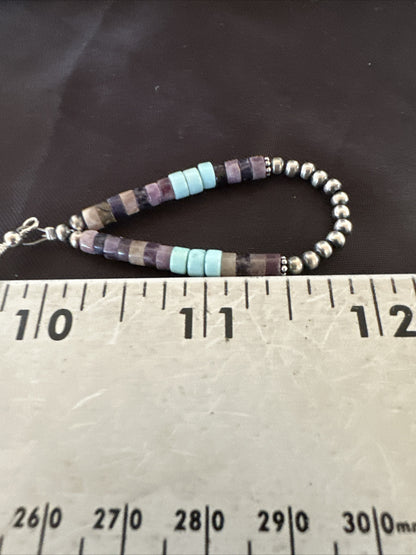 Blue Turquoise Purple Ston Heishi Sterling Silver Navajo Beads Earrings 2" 17838