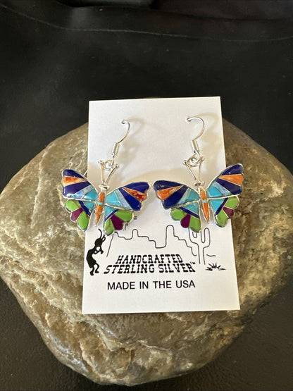 Butterfly Multicolor Spiny Lapis Opal Inlay Sterling Silver Earrings 19141