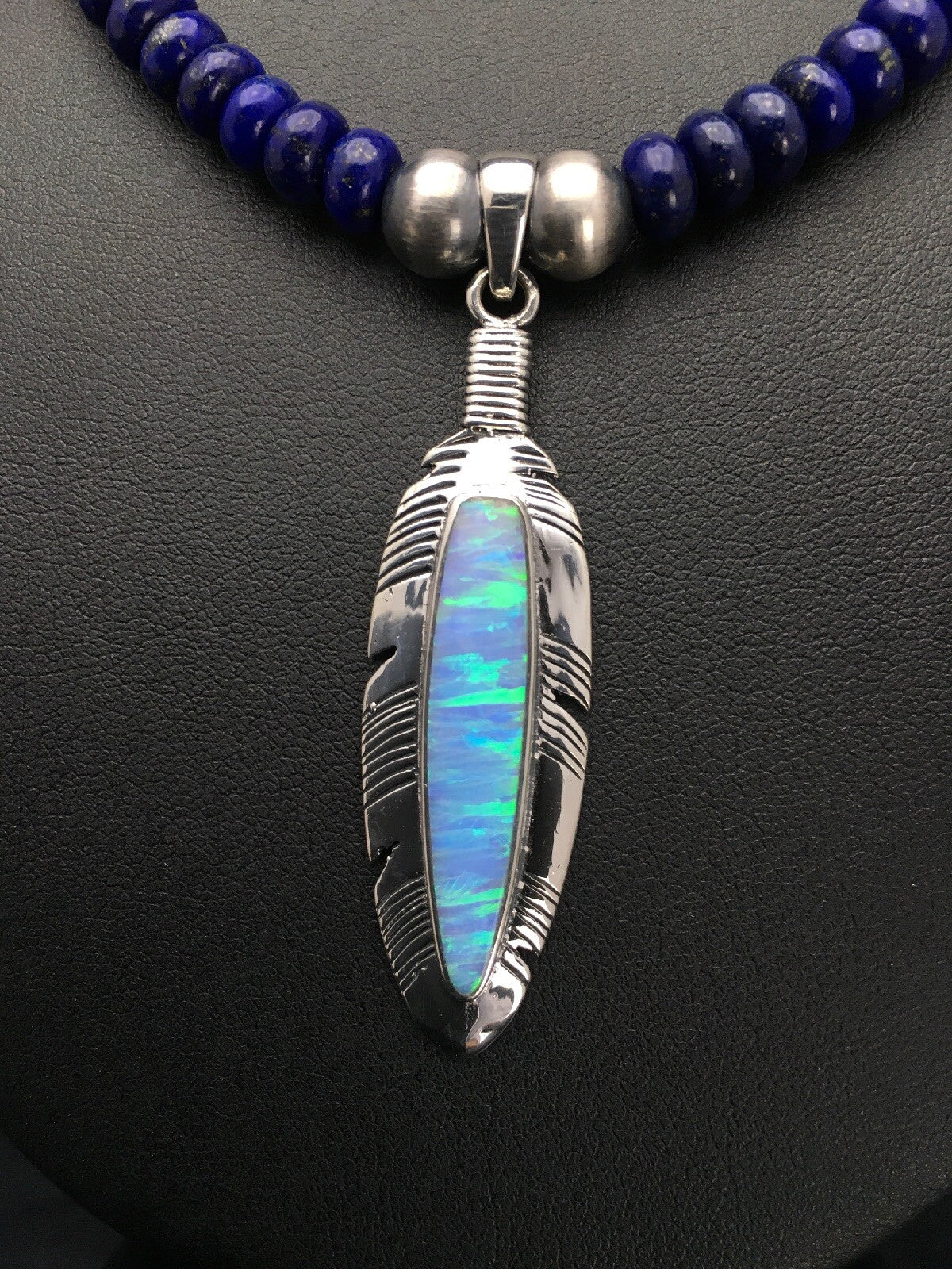 Opal Pendant Lapis Navajo Sterling Silver Beads Necklace & Earring 21" 02798