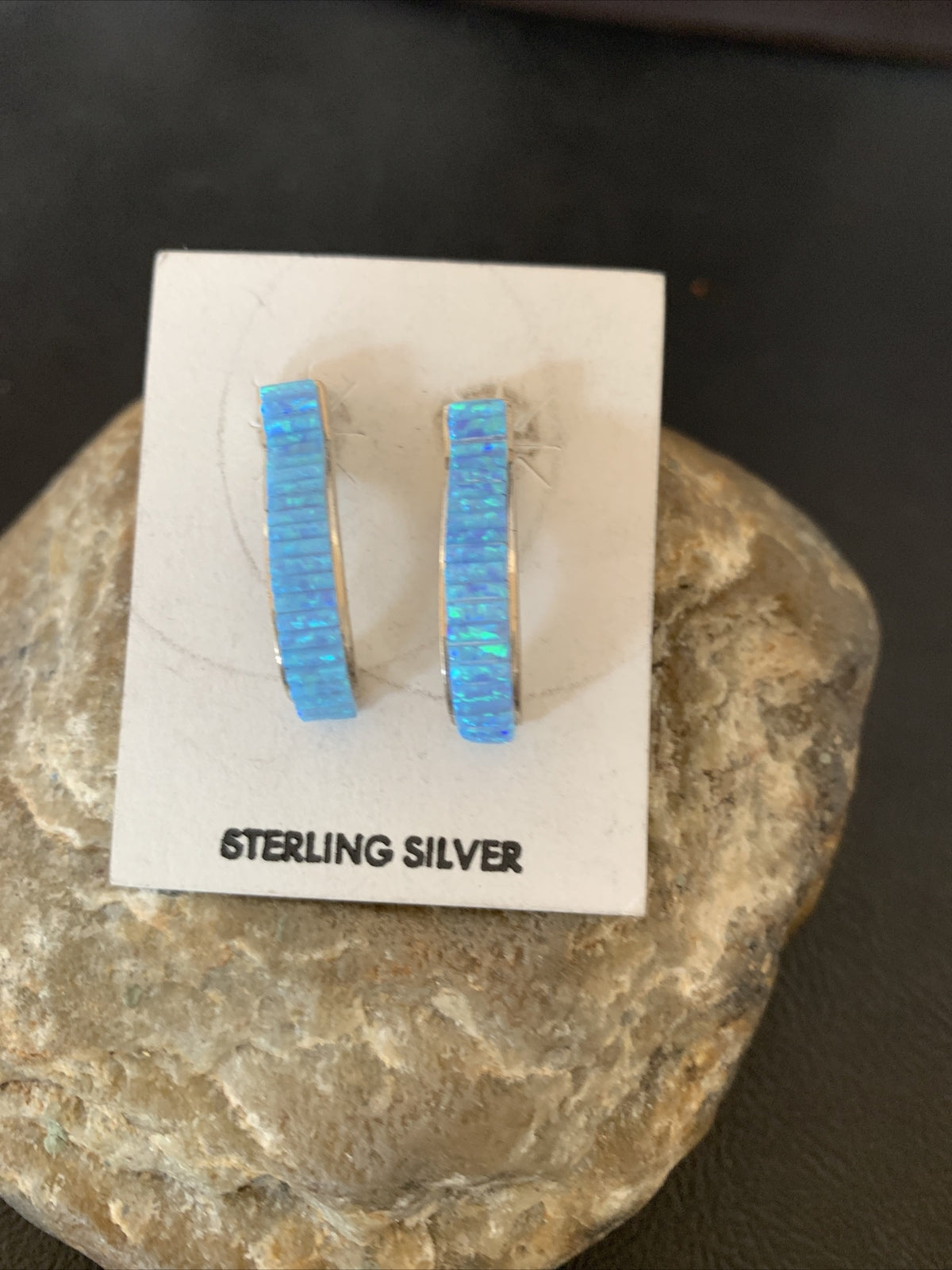 Blue Opal Inlay Navajo Sterling Silver Hoop Earrings 1" 1718