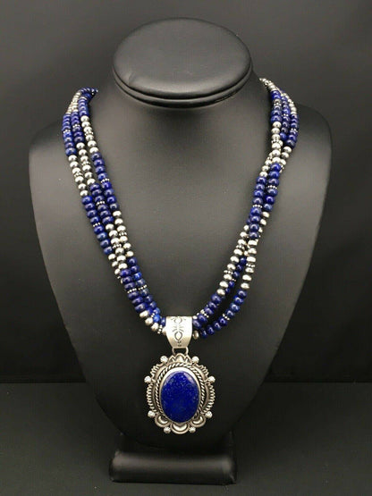 Native America Navajo Sterling Silver Lapis Lazuli Necklace Pendant 01273