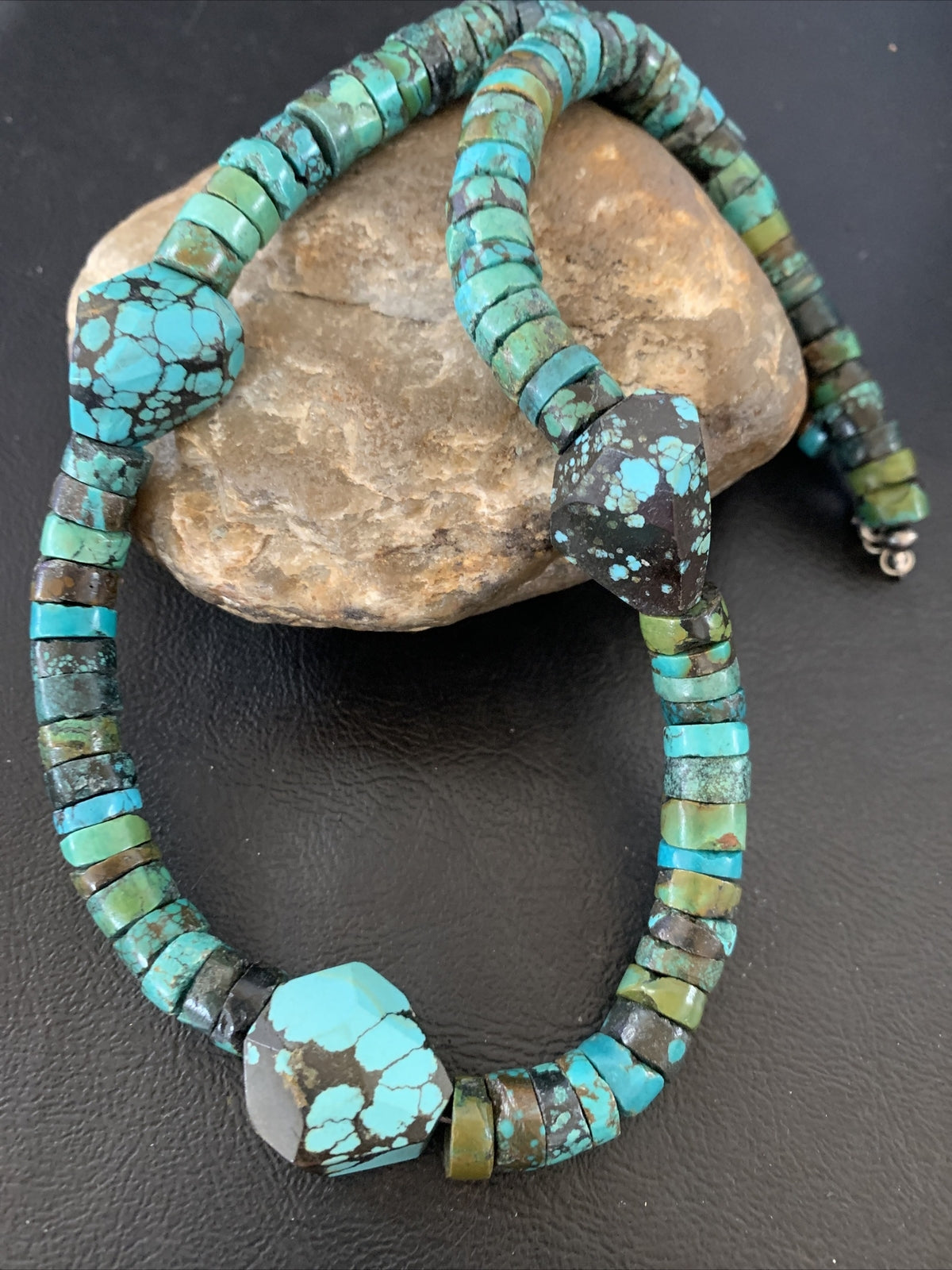 Men Chunky Spiderweb Turquoise Heishi Navajo Sterling Silver Necklace 21” 124506