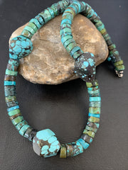 Men Chunky Spiderweb Turquoise Heishi Navajo Necklace 21" | Sterling Silver | Authentic Native American Handmade | 124506