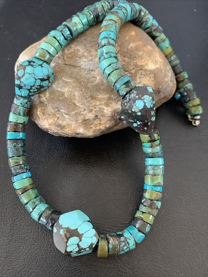 Men Chunky Spiderweb Turquoise Heishi Navajo Sterling Silver Necklace 21” 124506