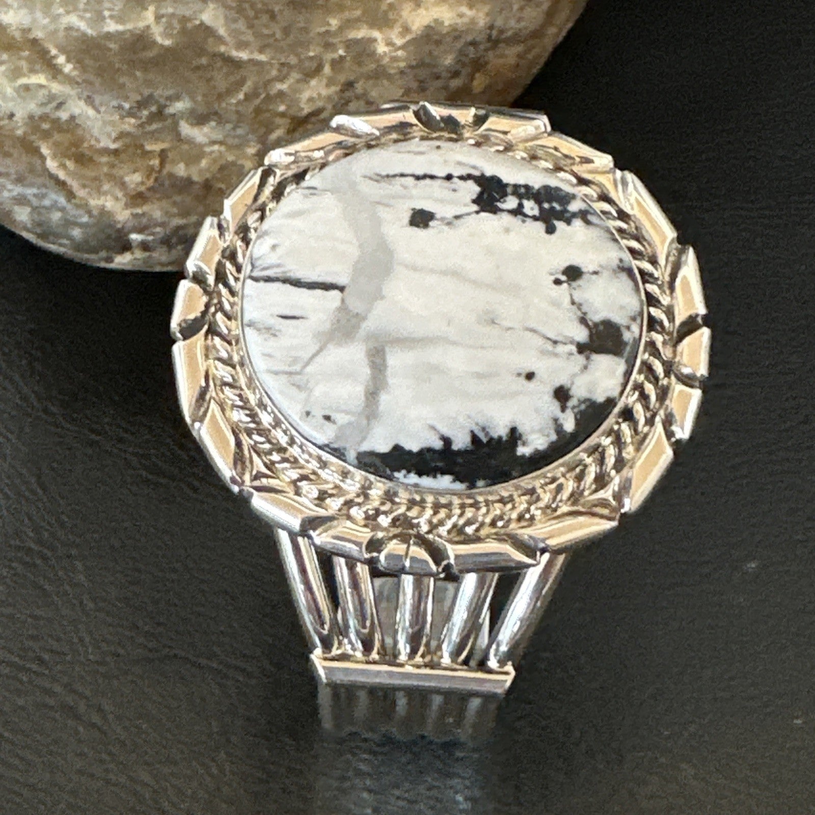 White Buffalo Turquoise Navajo Sterling Silver Cuff Bracelet 19279