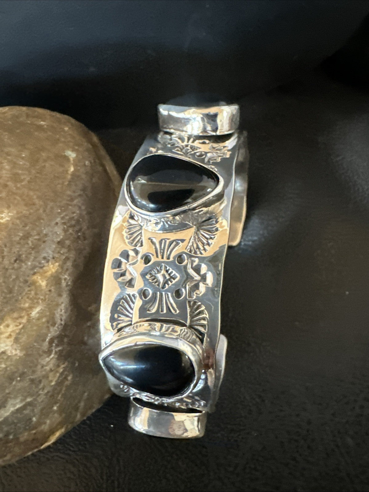 Mens Womens Navajo Sterling Silver Black Onyx Cluster Cuff Bracelet 7.5" 19434
