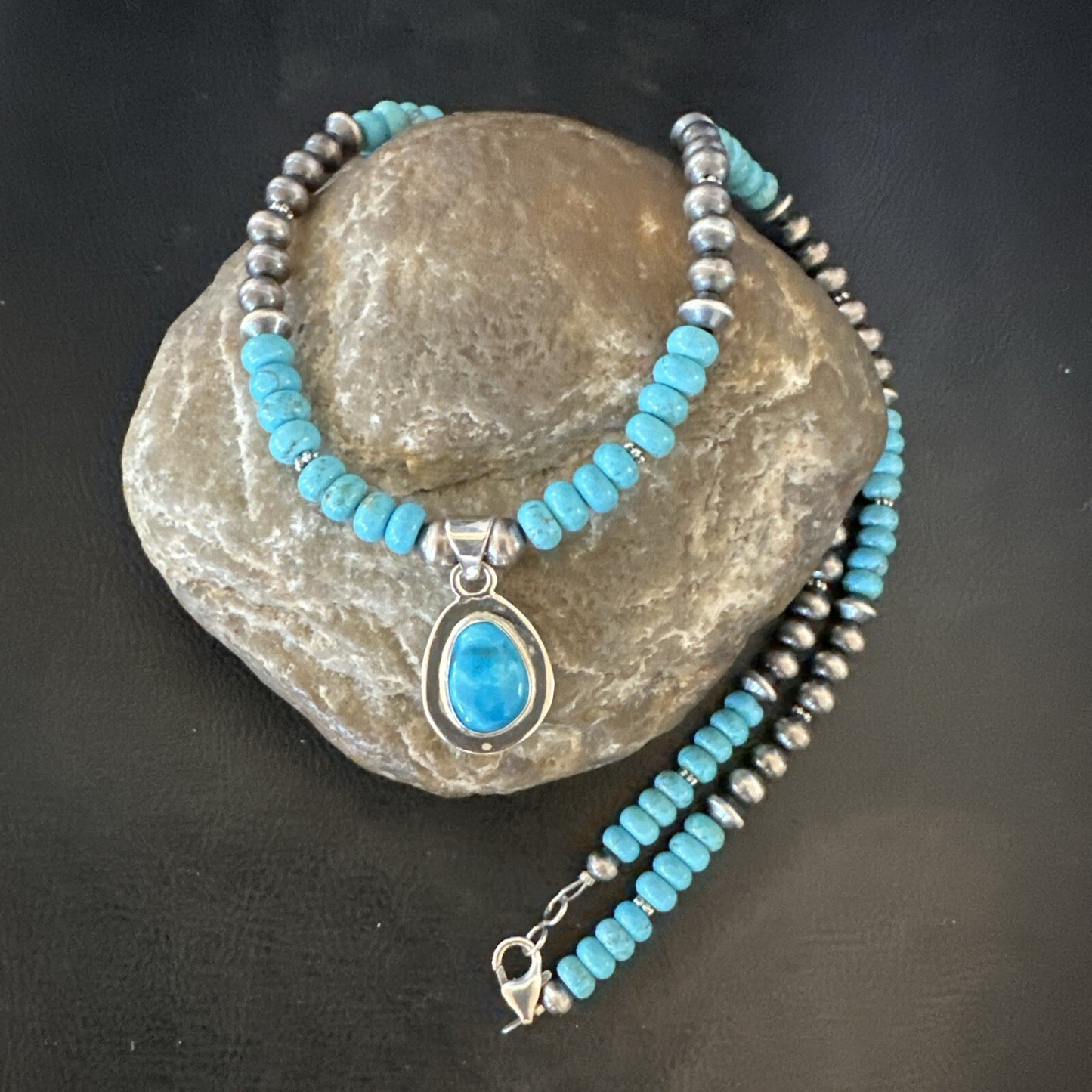 WoMens Blue Kingman Turquoise Pendant Navajo Sterling Silver Necklace 21" 18419
