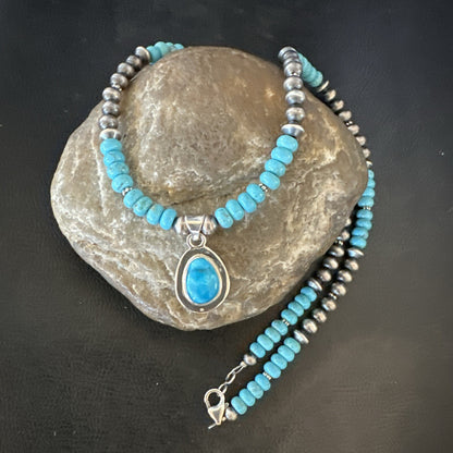 WoMens Blue Kingman Turquoise Pendant Navajo Sterling Silver Necklace 21" 18419