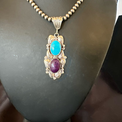 Blue Kingman Turquoise  Purple Stone Pendant Navajo Sterling Silver 18037