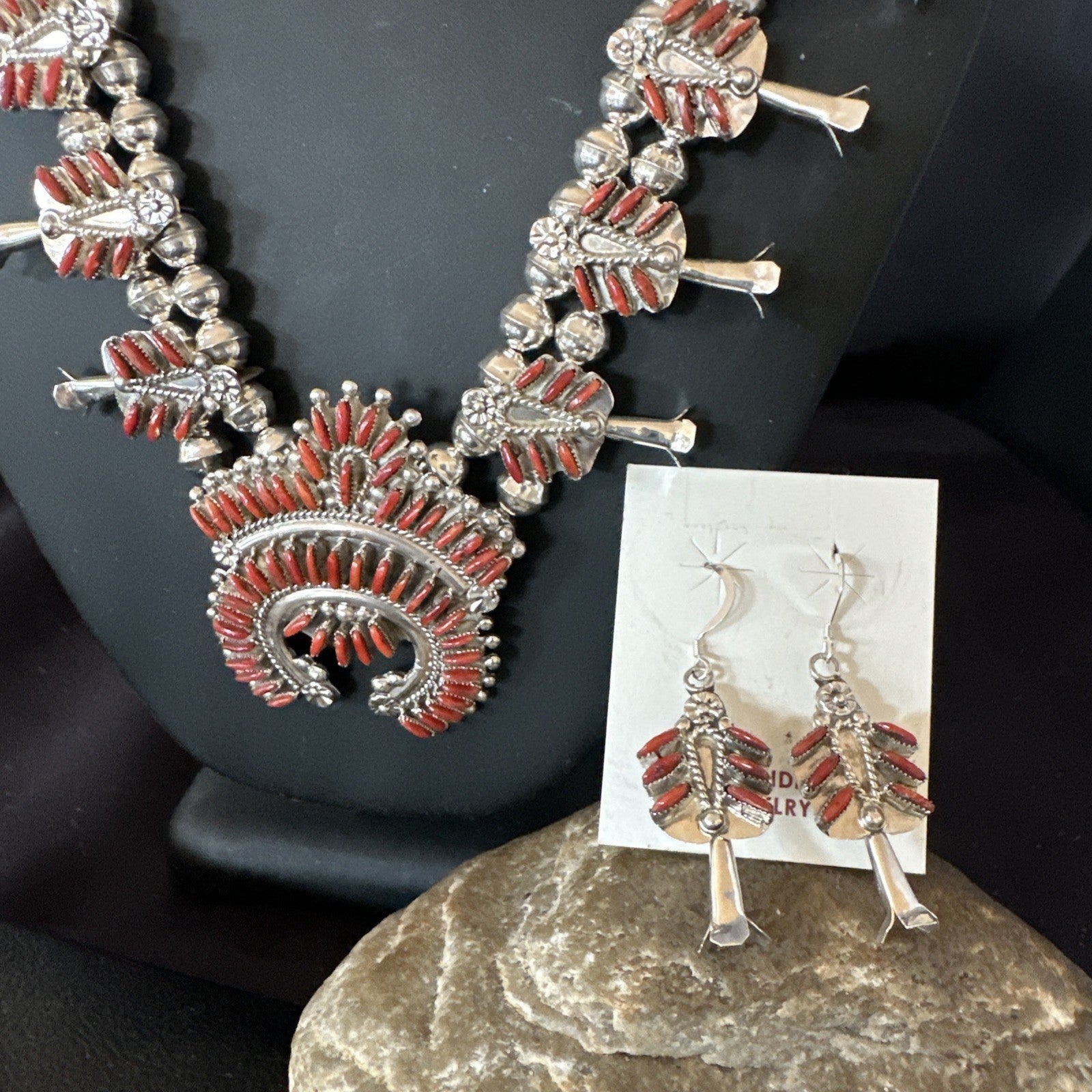 ZUNI Coral Sterling Silver Squash Blossom Needlepoint Necklace Earrings 19277
