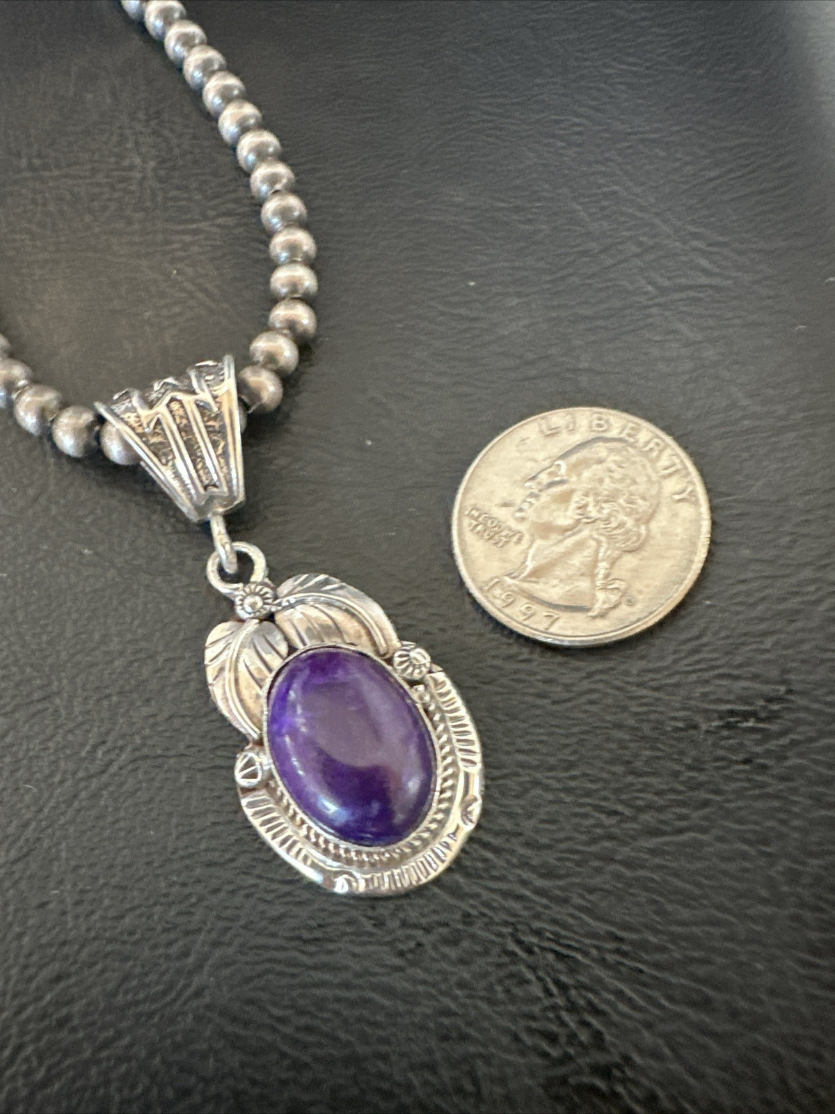 Purple Stone Pendant Navajo Pearls Sterling Silver Necklace 20” 18049