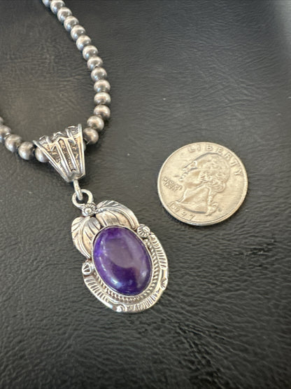 Purple Stone Pendant Navajo Pearls Sterling Silver Necklace 20” 18049