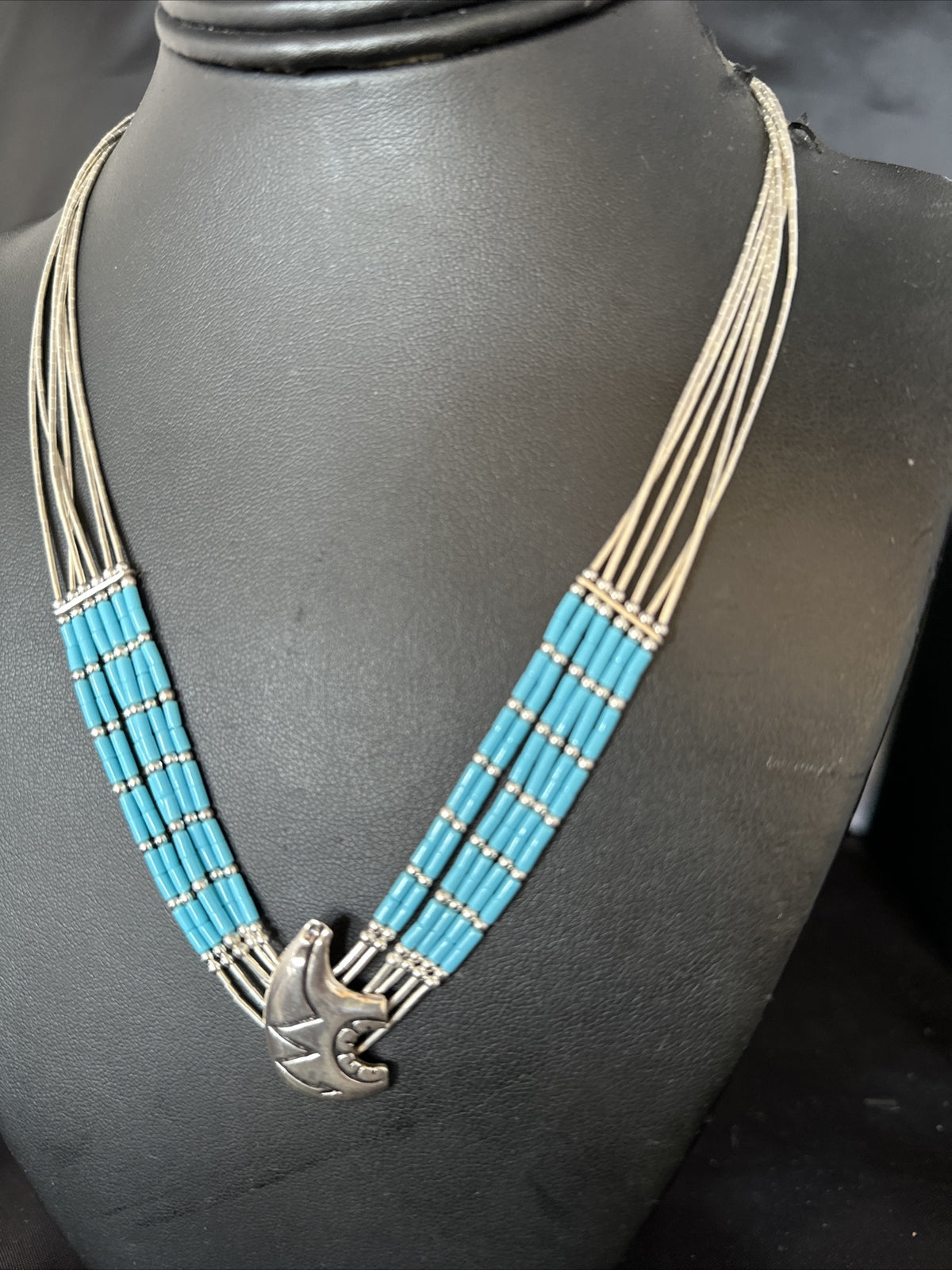 Bear Pendant Turquoise 5 Strand Heishi Liquid Sterling Silver Necklace 14822