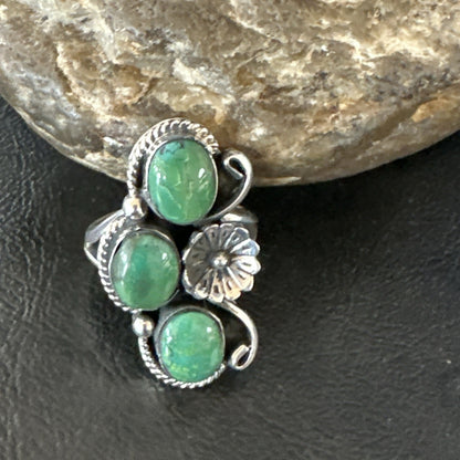 Yazzie Ring Green Turquoise Navajo Sterling Silver Cluster Size 8 19243