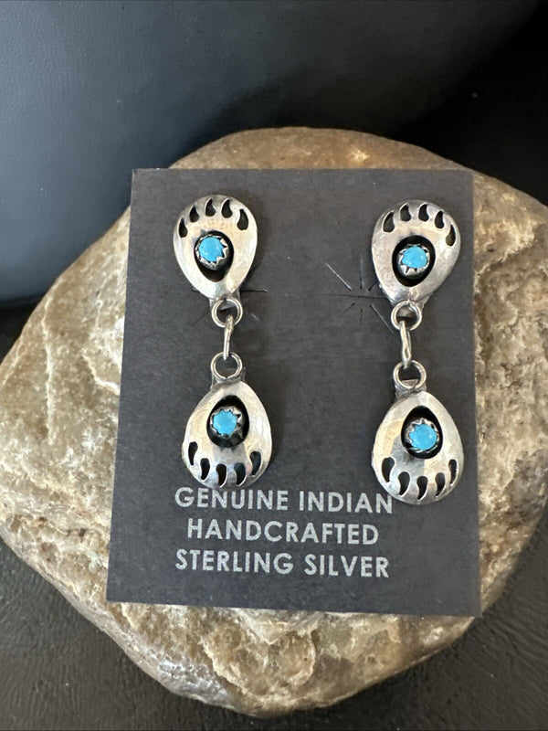 Navajo Blue Turquoise Post Dangle Bear Paw Earrings 1.30" | Sterling Silver | Authentic Native American Handmade | 4520