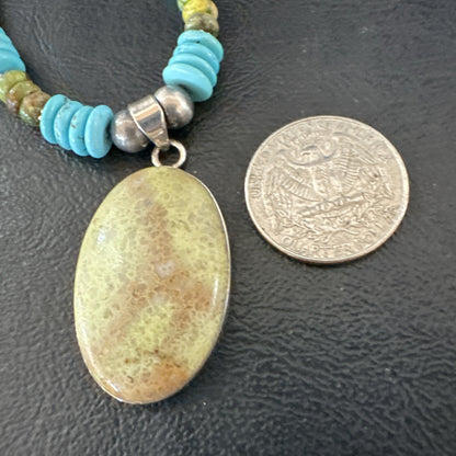Green Gaspeite Pendant Blue Turquoise Navajo Sterling Silver Necklace 20" 19670