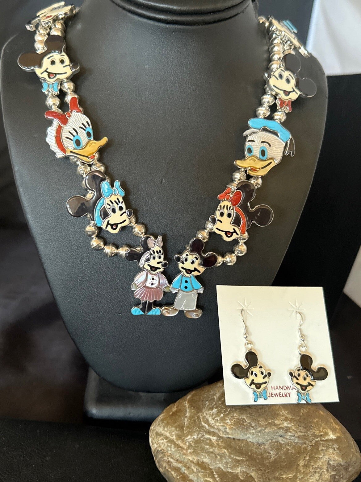 MICKEY MOUSE ZUNI TURQUOISE STERLING SILVER SQUASH BLOSSOM EARRINGS 17784